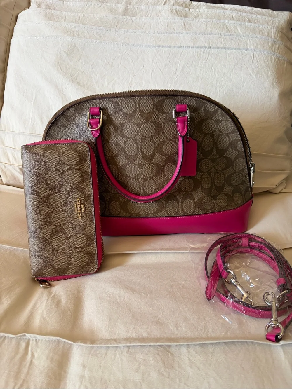 Coach Sierra Signature Dome Satchel with Pink Trim